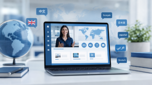 Laptop showing online course interface with multilingual e-learning elements
