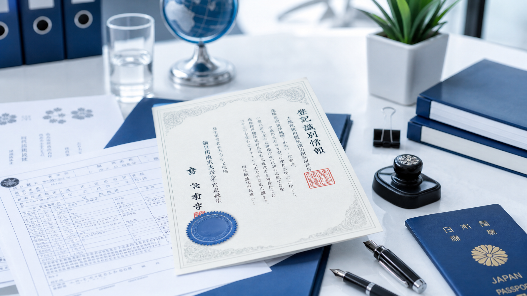 Japanese documents with official certification stamp on a professional desk
