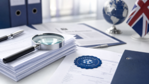 UK visa application forms and official certified translation documents on a desk with a Certificate of Accuracy stamp