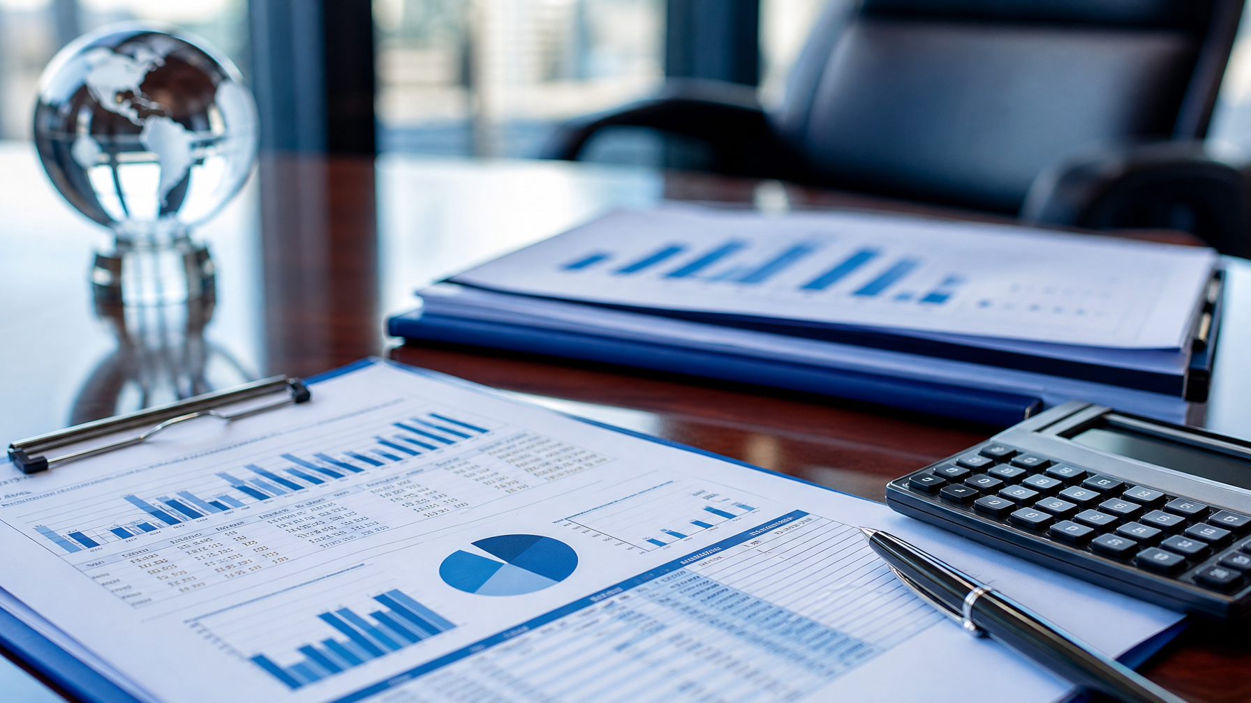 Financial balance sheet reports with charts and graphs on a mahogany executive board table next to a pen and digital calculator