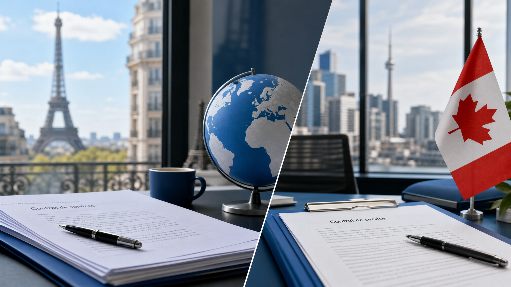 Split scene showing France and Canada with French language documents in business setting