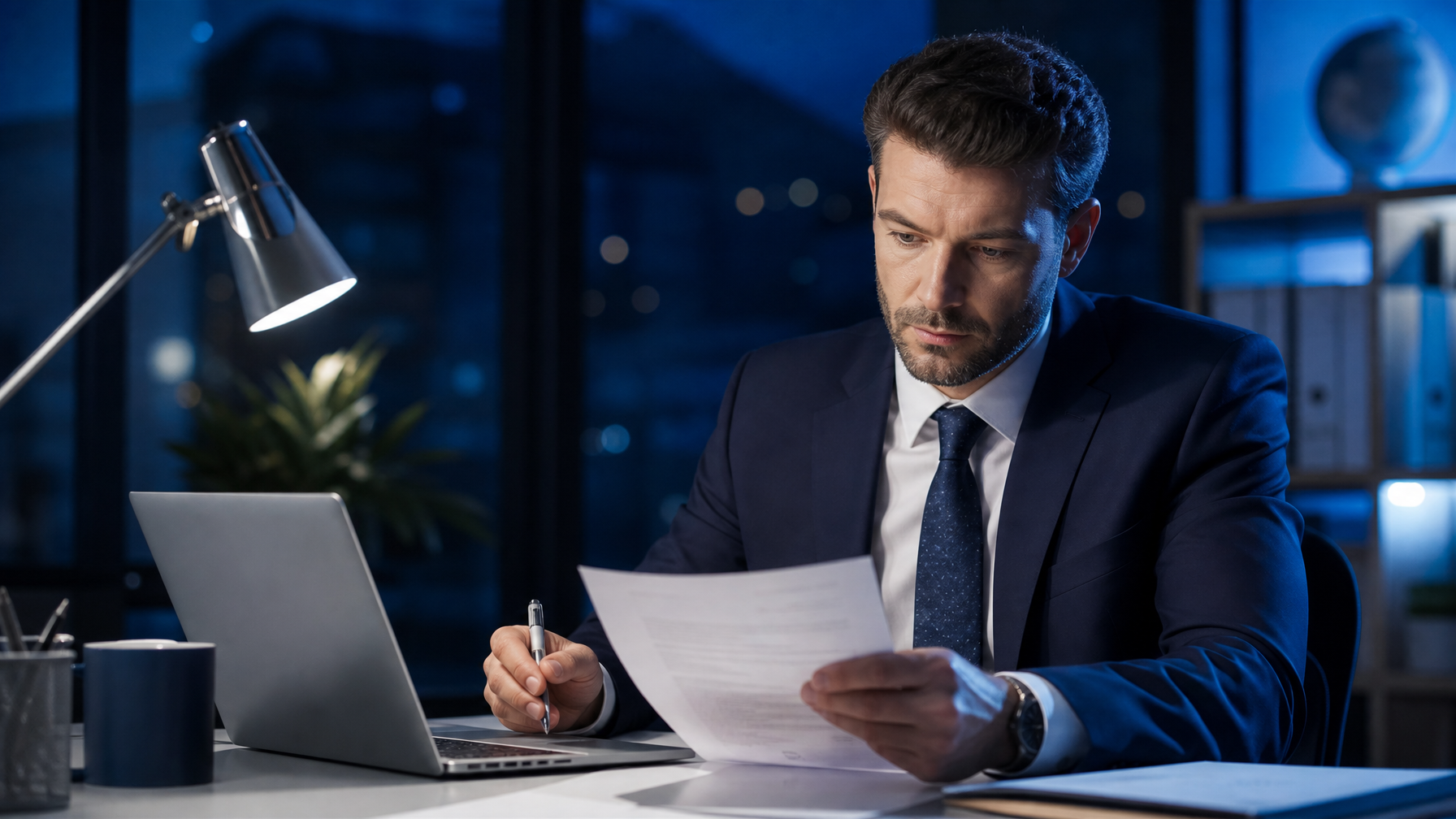 Professional reviewing a contract document late at night with a laptop open on an office desk