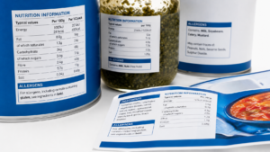 Food product packaging labels with allergen information and nutritional data on a clean white surface