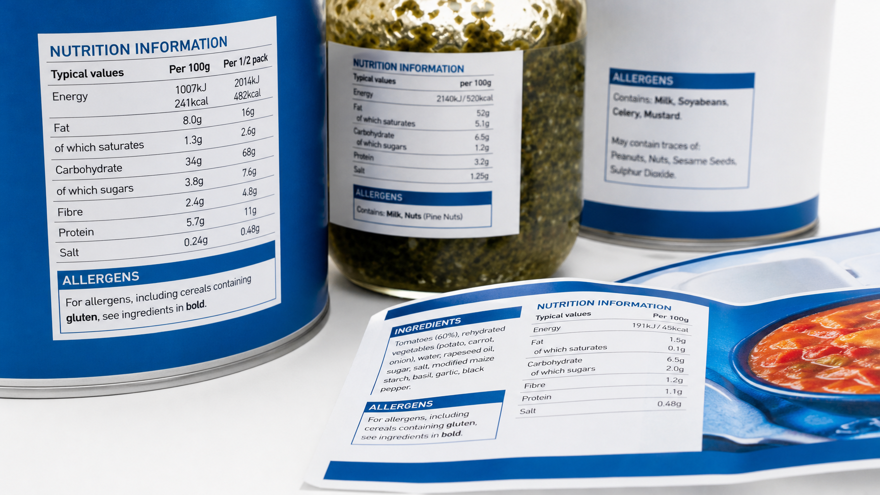 Food product packaging labels with allergen information and nutritional data on a clean white surface