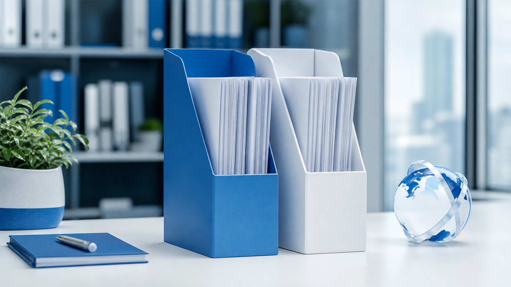 Two document folders side by side on an office desk representing source and translated document versions