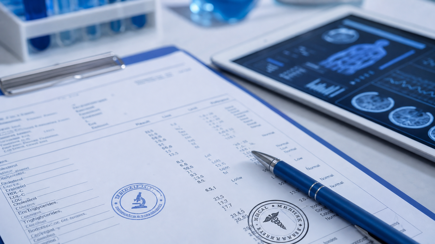 Official medical laboratory report document with medical stamps and ballpoint pen next to a digital tablet displaying health data