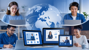 Diverse group of people learning online across different countries with multilingual e-learning screens