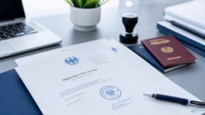 Official German documents with certification stamp on a professional desk