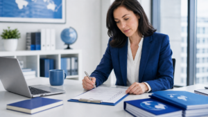 Professional project manager with a document checklist and translated files on a clean modern office desk