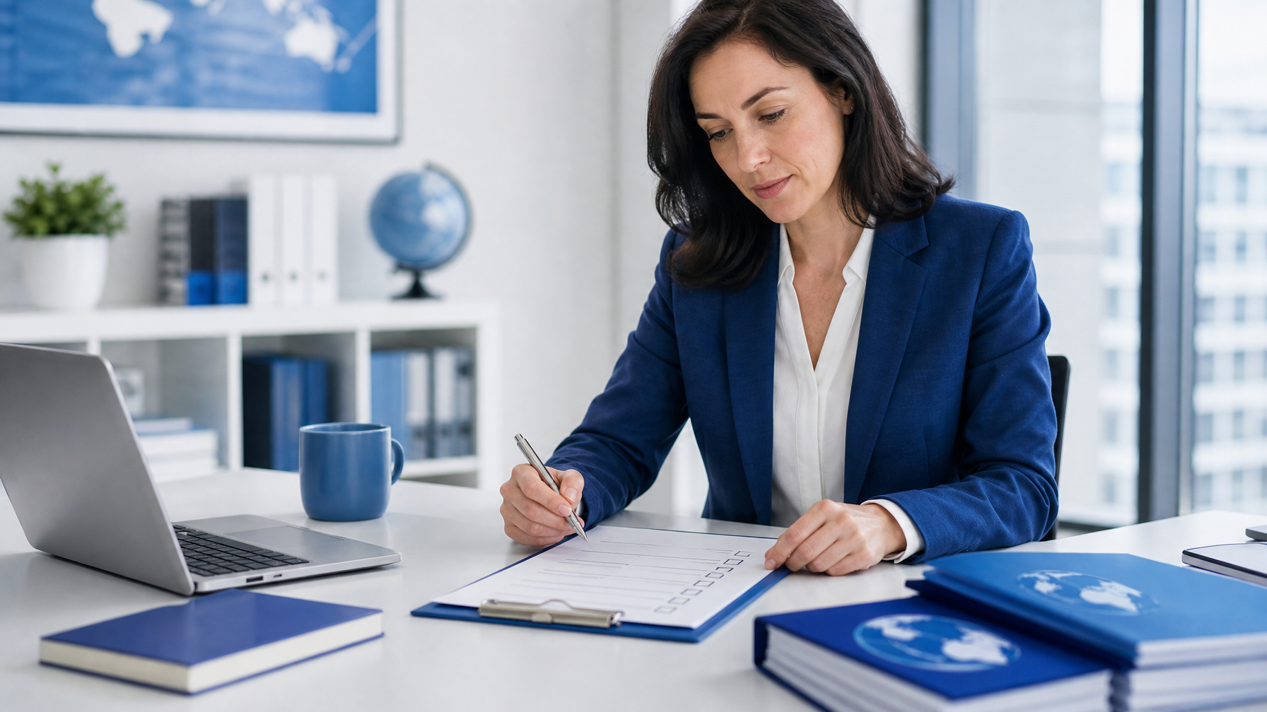 Professional project manager with a document checklist and translated files on a clean modern office desk