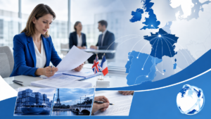 Professional reviewing French trade documents with connections to France and francophone markets