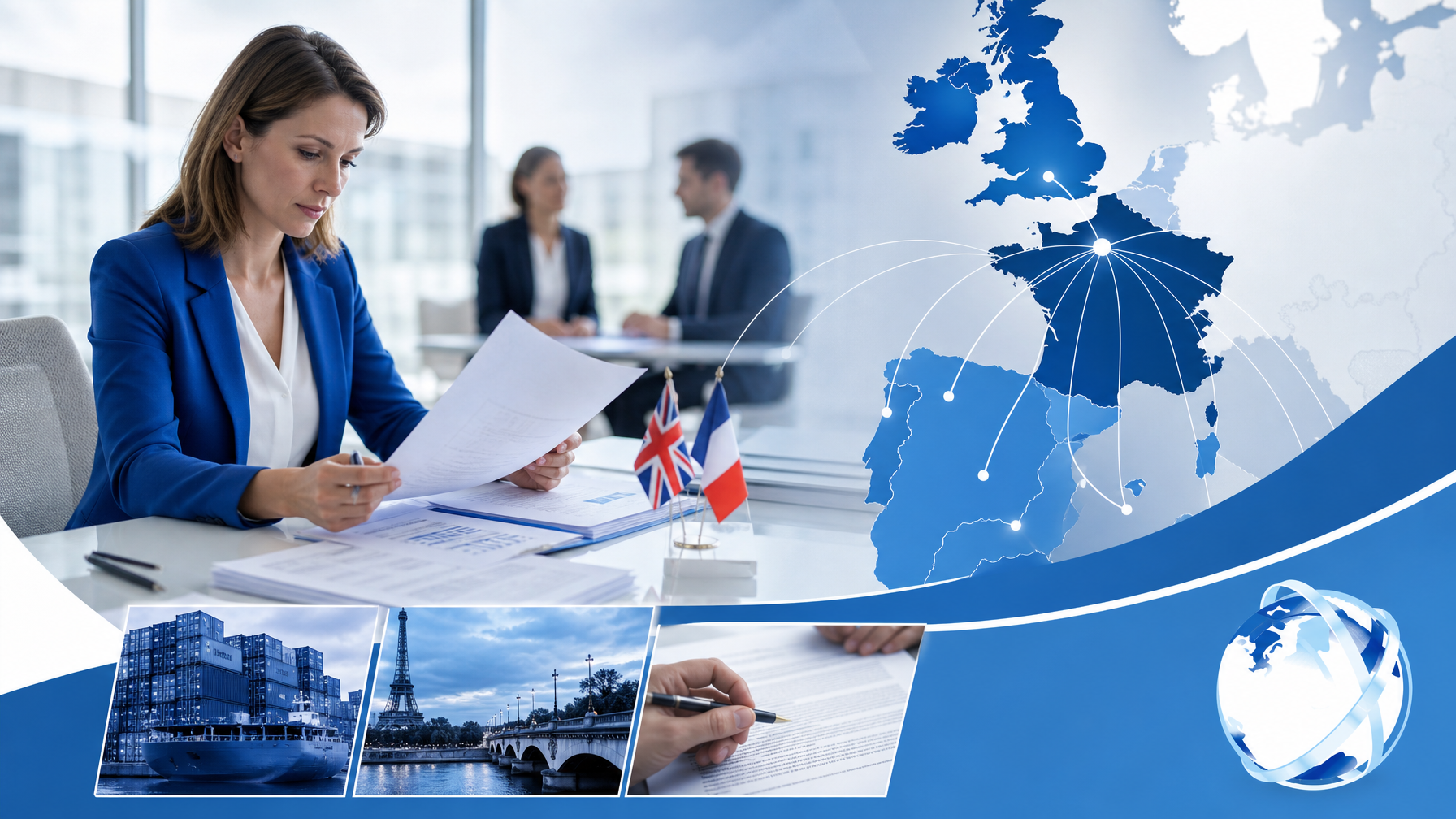 Professional reviewing French trade documents with connections to France and francophone markets