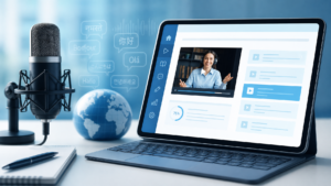 Laptop with e-learning interface and microphone for multilingual voice over production