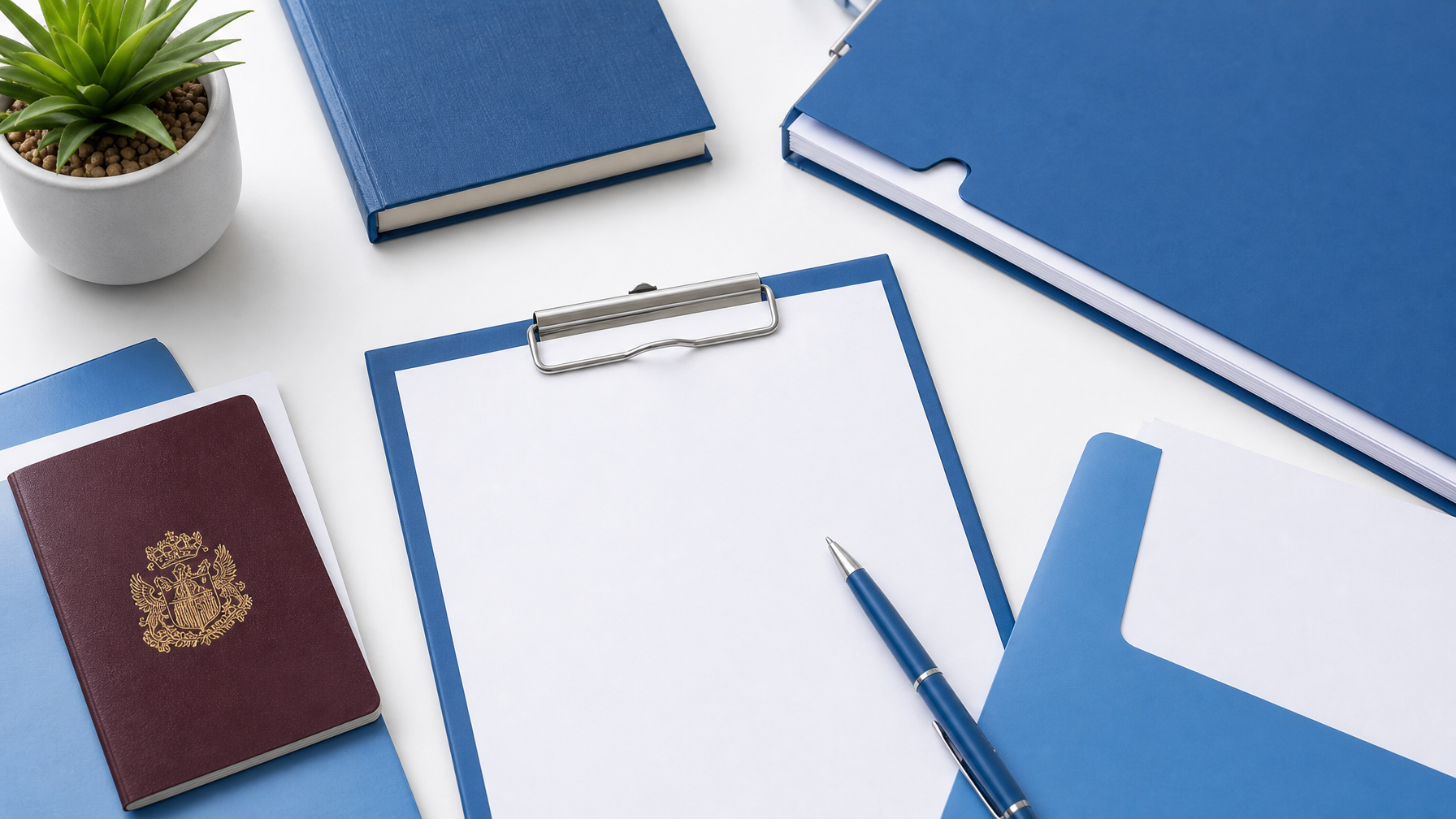 Flat lay of various document types including a passport, contract and medical report on a desk
