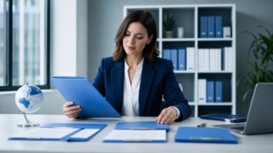 Professional consultant reviewing different document folders on a desk representing choosing the right translation service