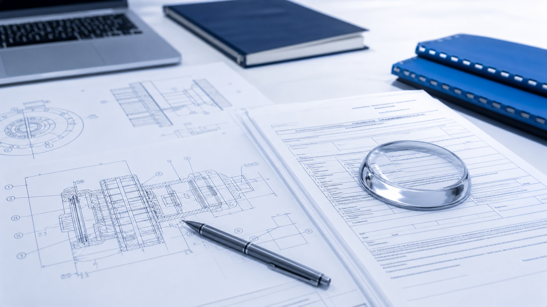 Technical patent drawings and legal patent filing forms side by side on a clean professional desk
