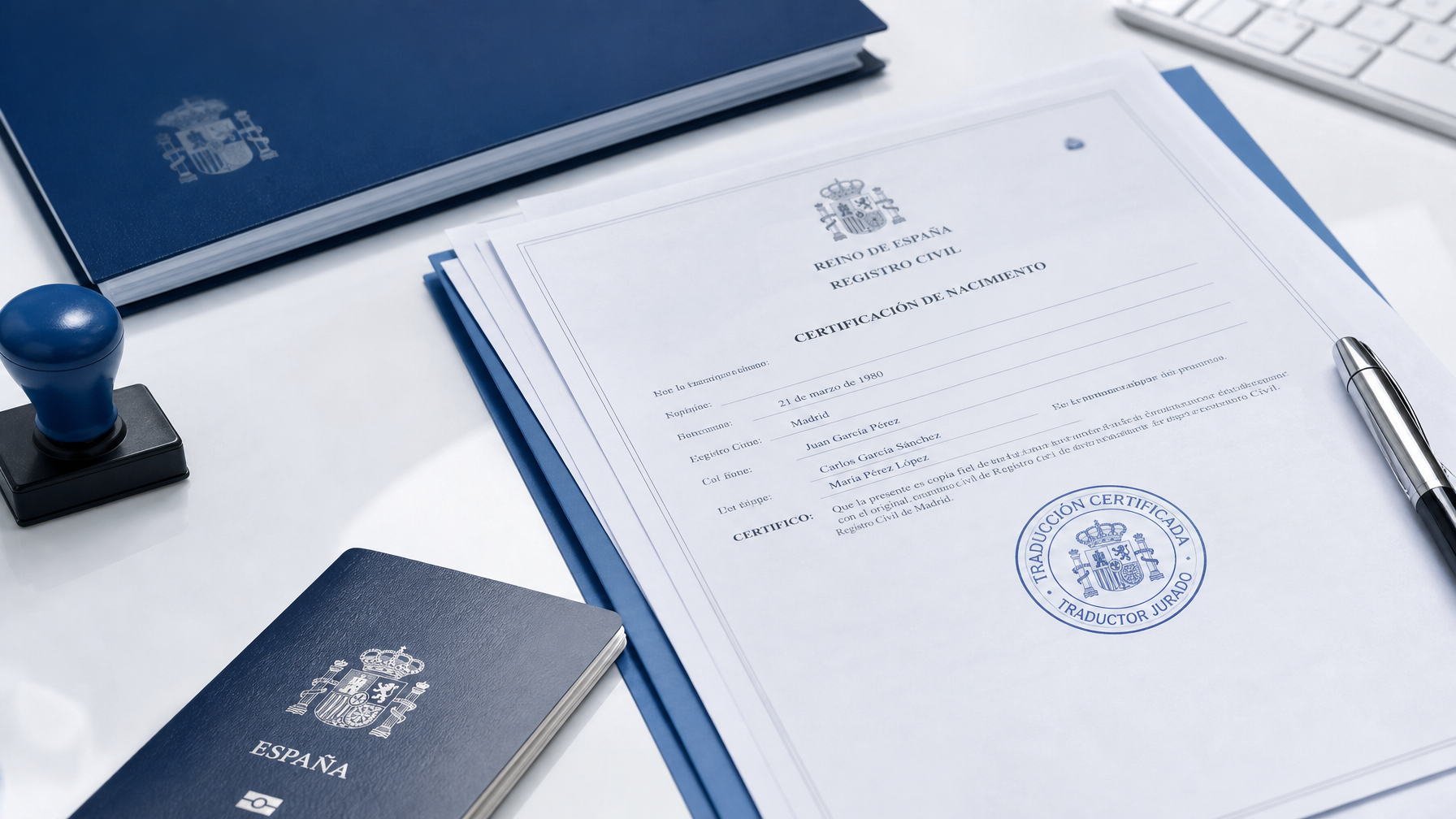 Official Spanish documents with certification stamp on a professional desk