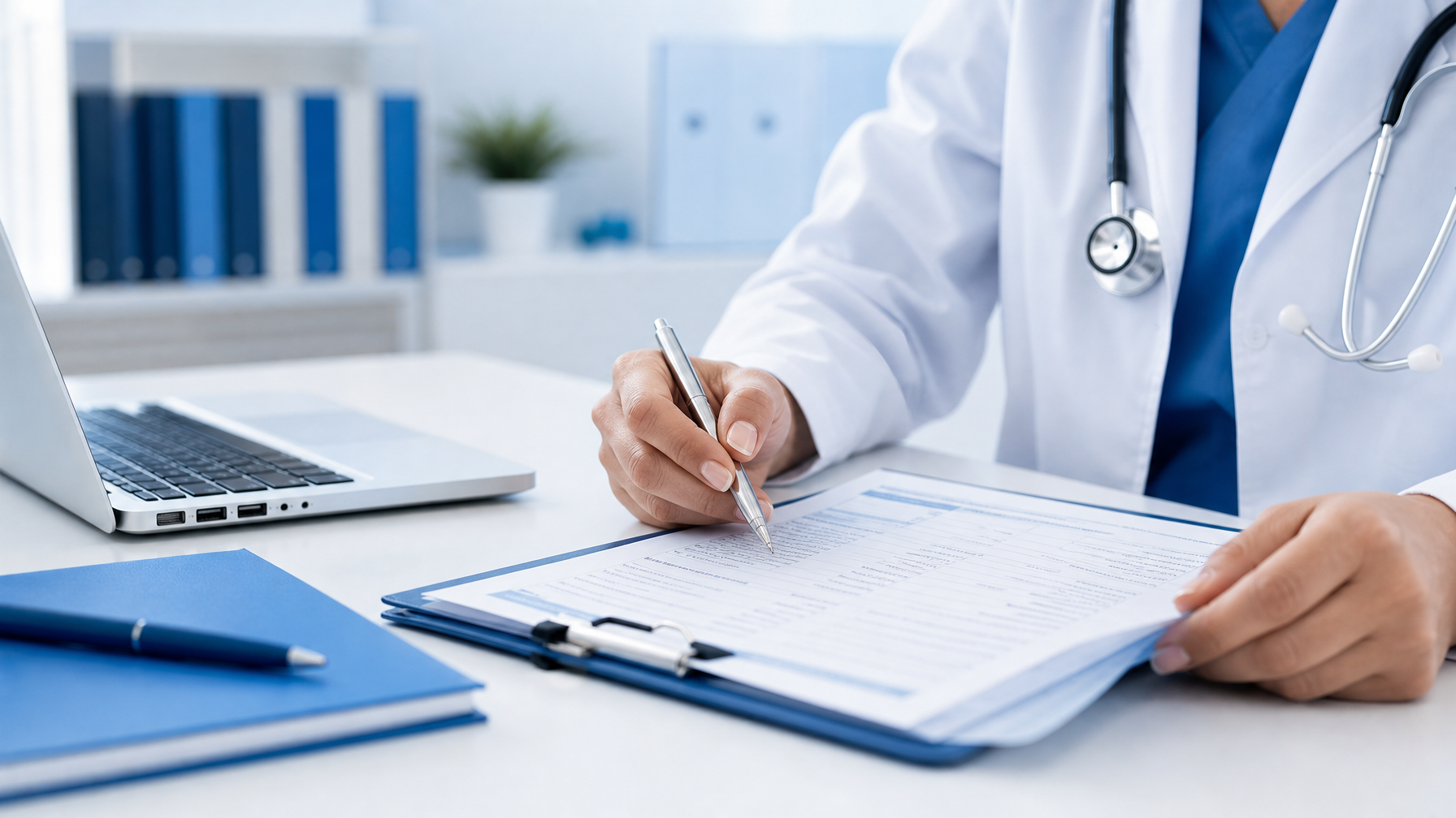 Medical professional reviewing a patient questionnaire document at a clean clinical desk