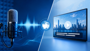 Microphone and video screen comparing multilingual voice over and subtitling options